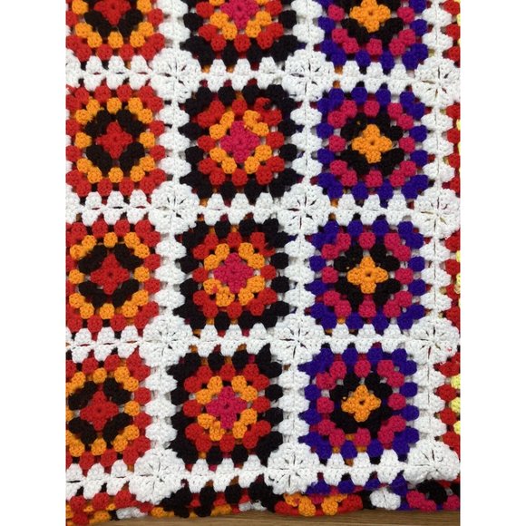Vtg Large Crochet Knit Granny Square Afghan Throw Blanket Bright Fringe 78 X 92 - Picture 4 of 6